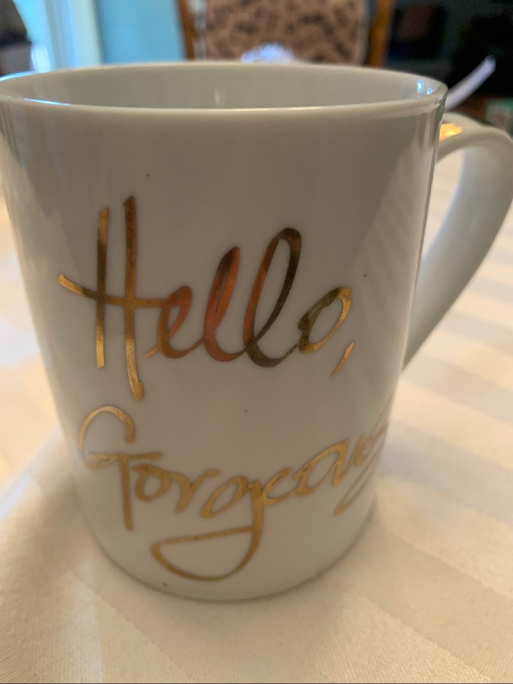 “Hello Gorgeous” White Ceramic Mug with Gold Script - Picture 2 of 4